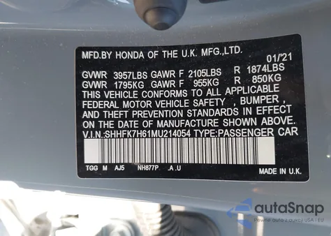 2021 Honda Civic Ex из США, поврежденный, VIN SHHFK7H61MU214054